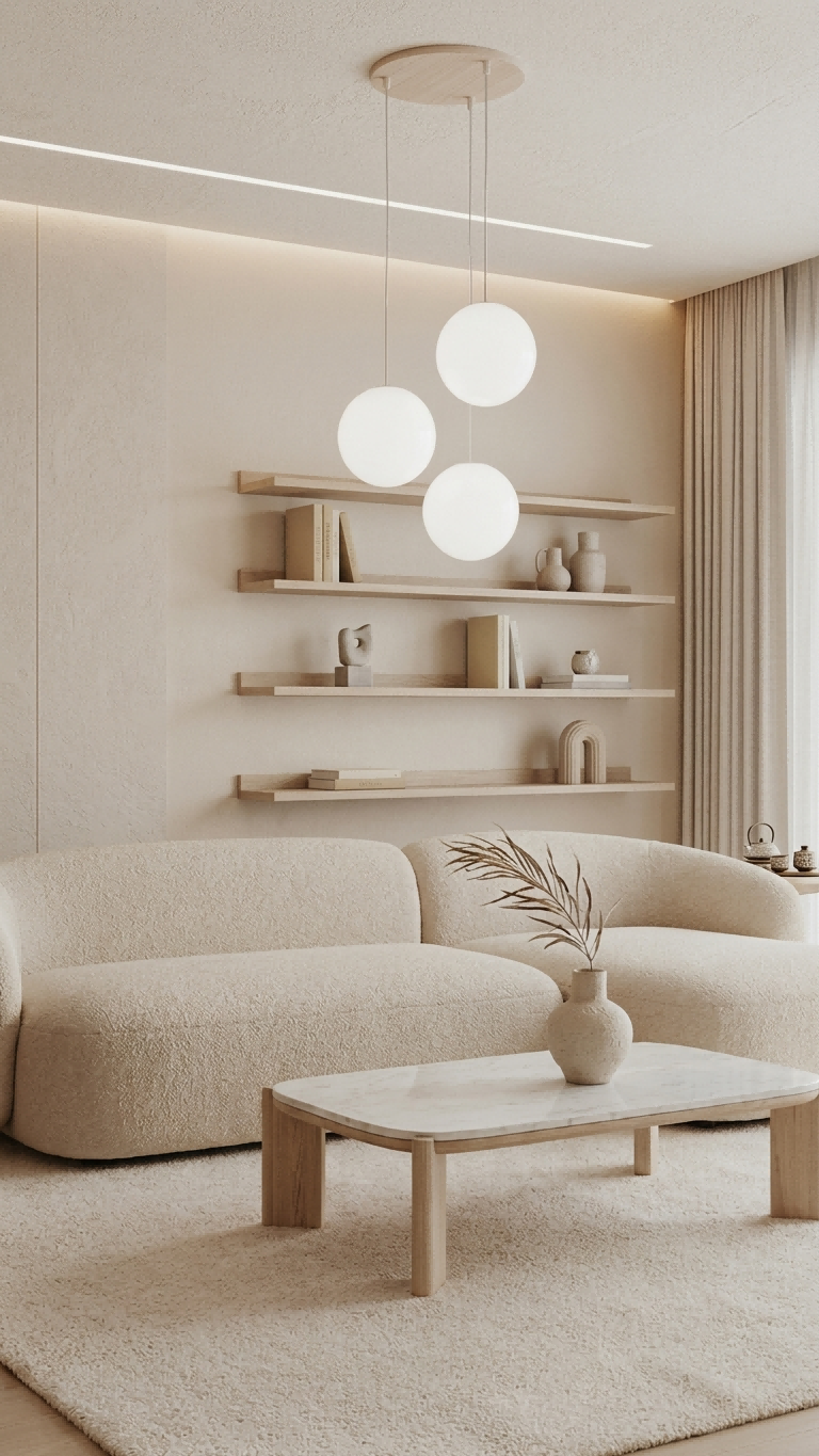 French cream style living room with micro-cement and curved lines