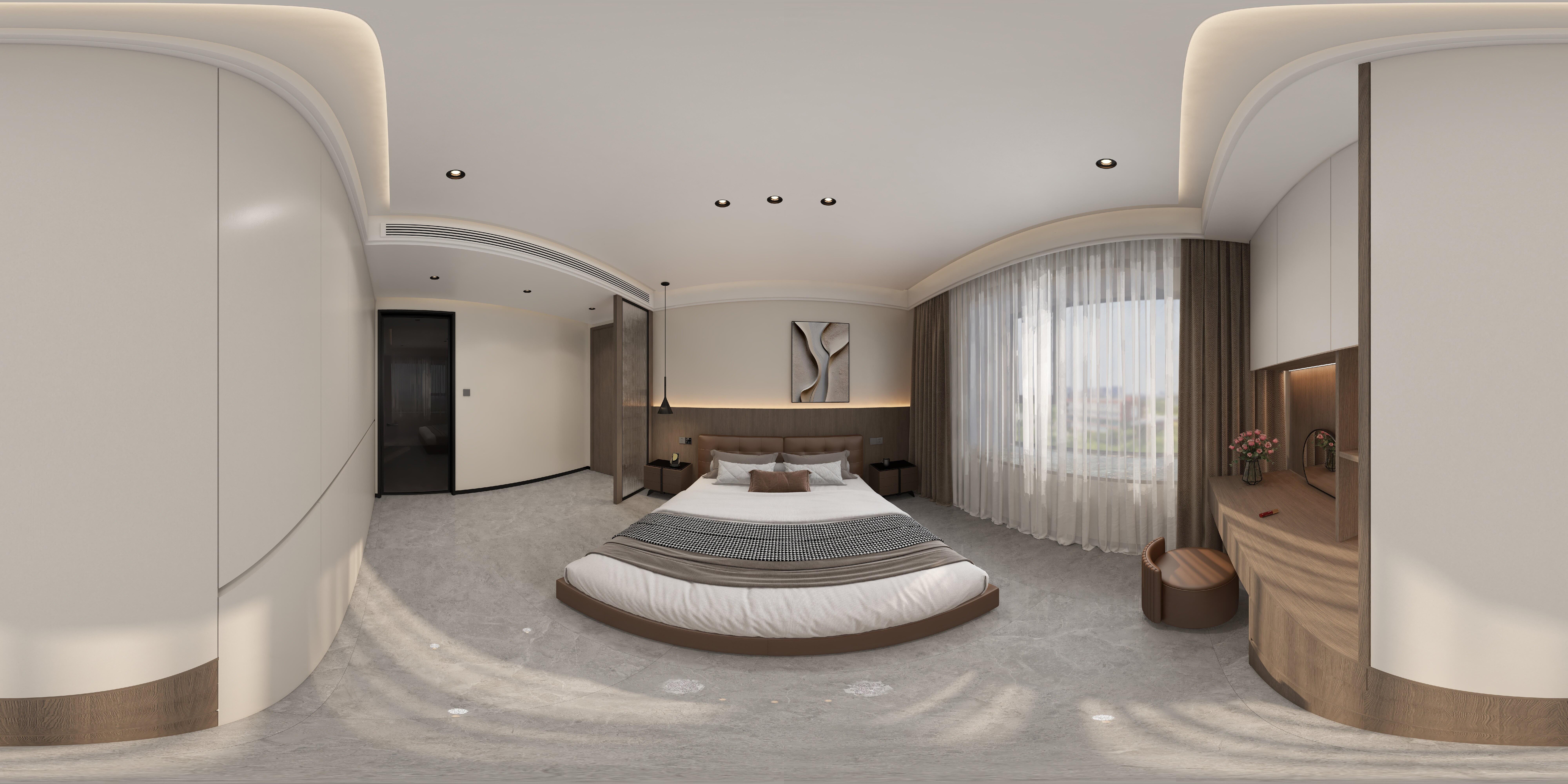 现代风格主卧室内设计全景图，采用科技木皮背景墙与灰色大理石纹理地砖