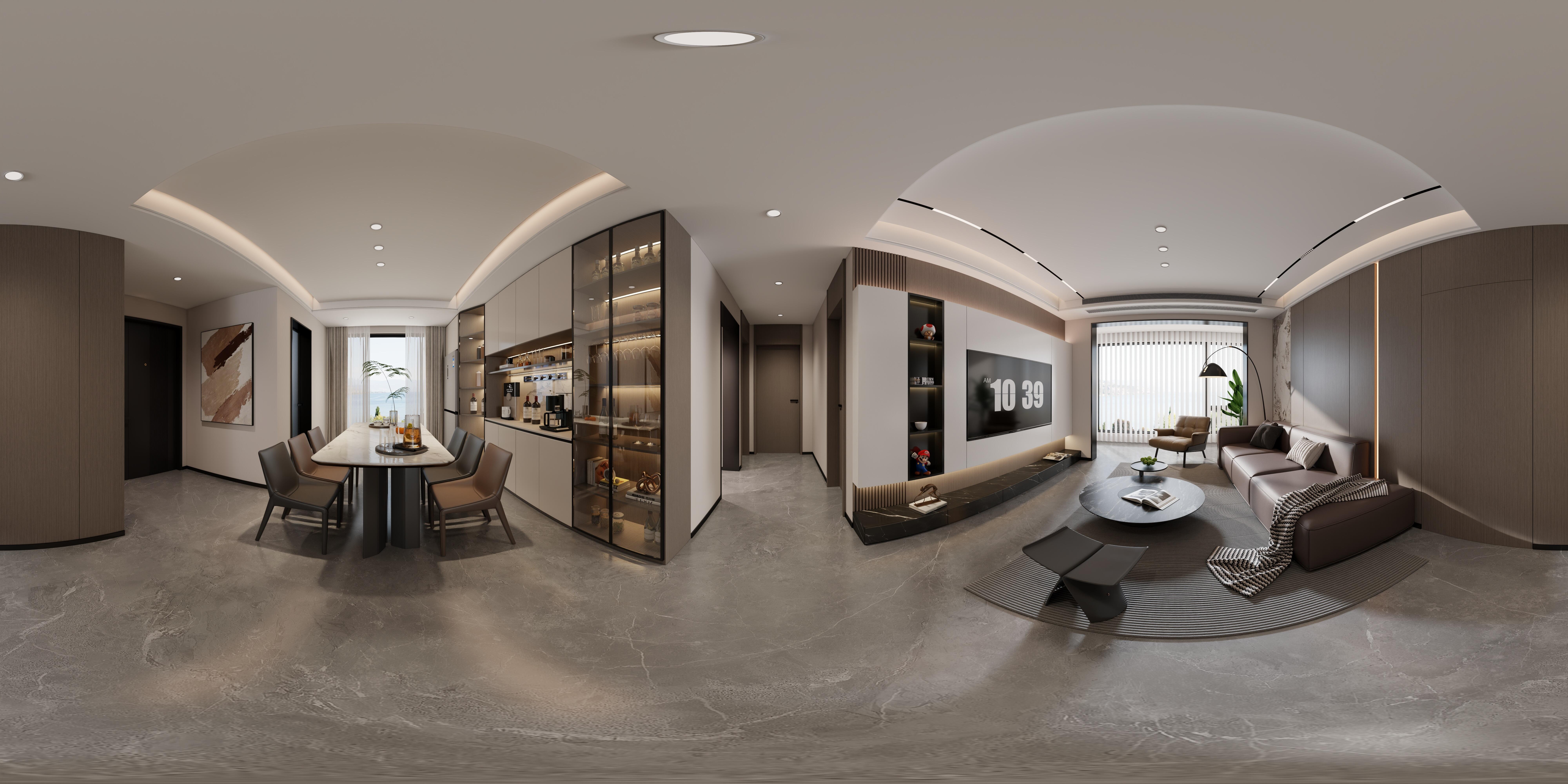 现代极简客餐厅全景图，展示 PET 饰面板电视墙与木饰面隐形门设计工艺