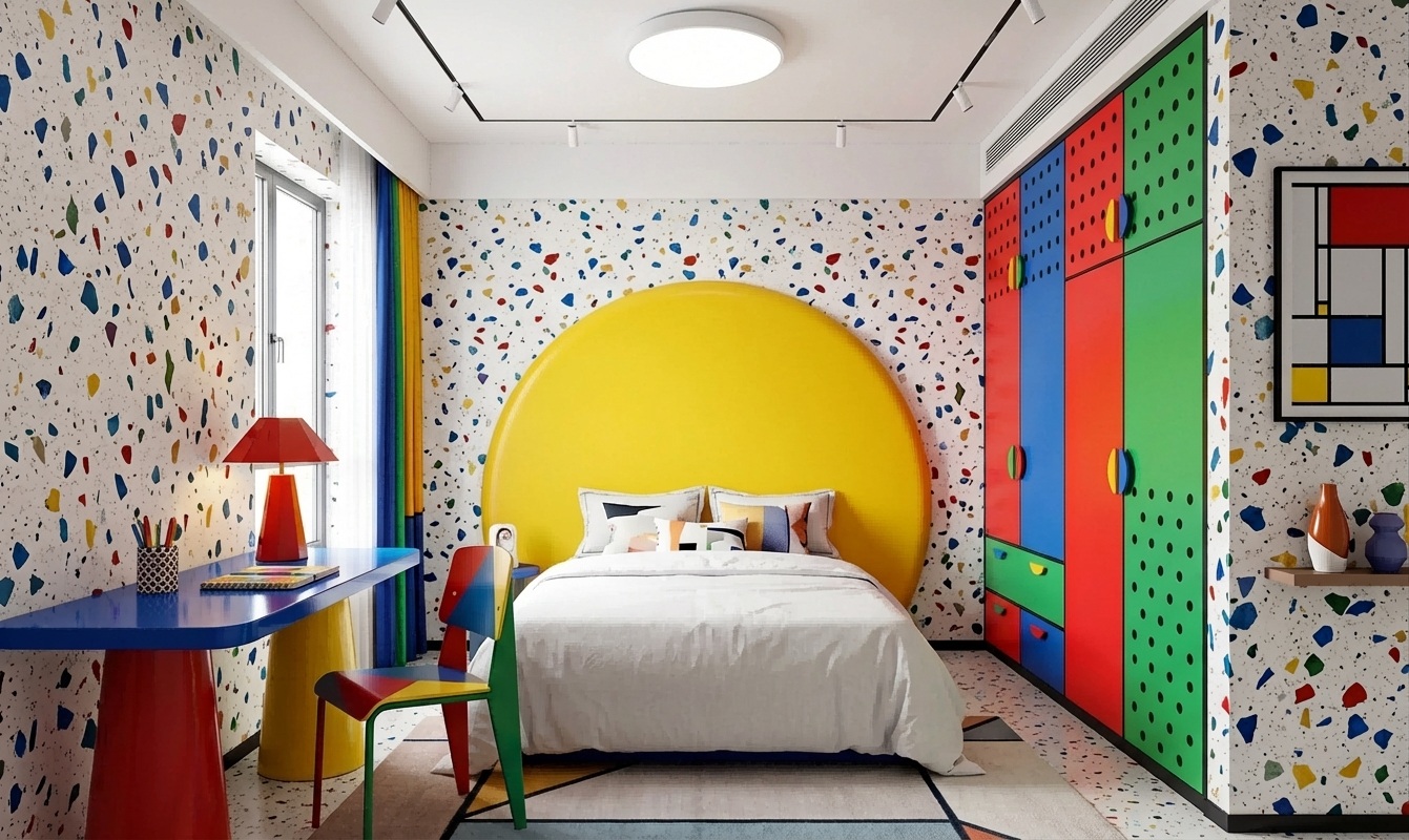 Moody yet colorful Memphis style master bedroom design