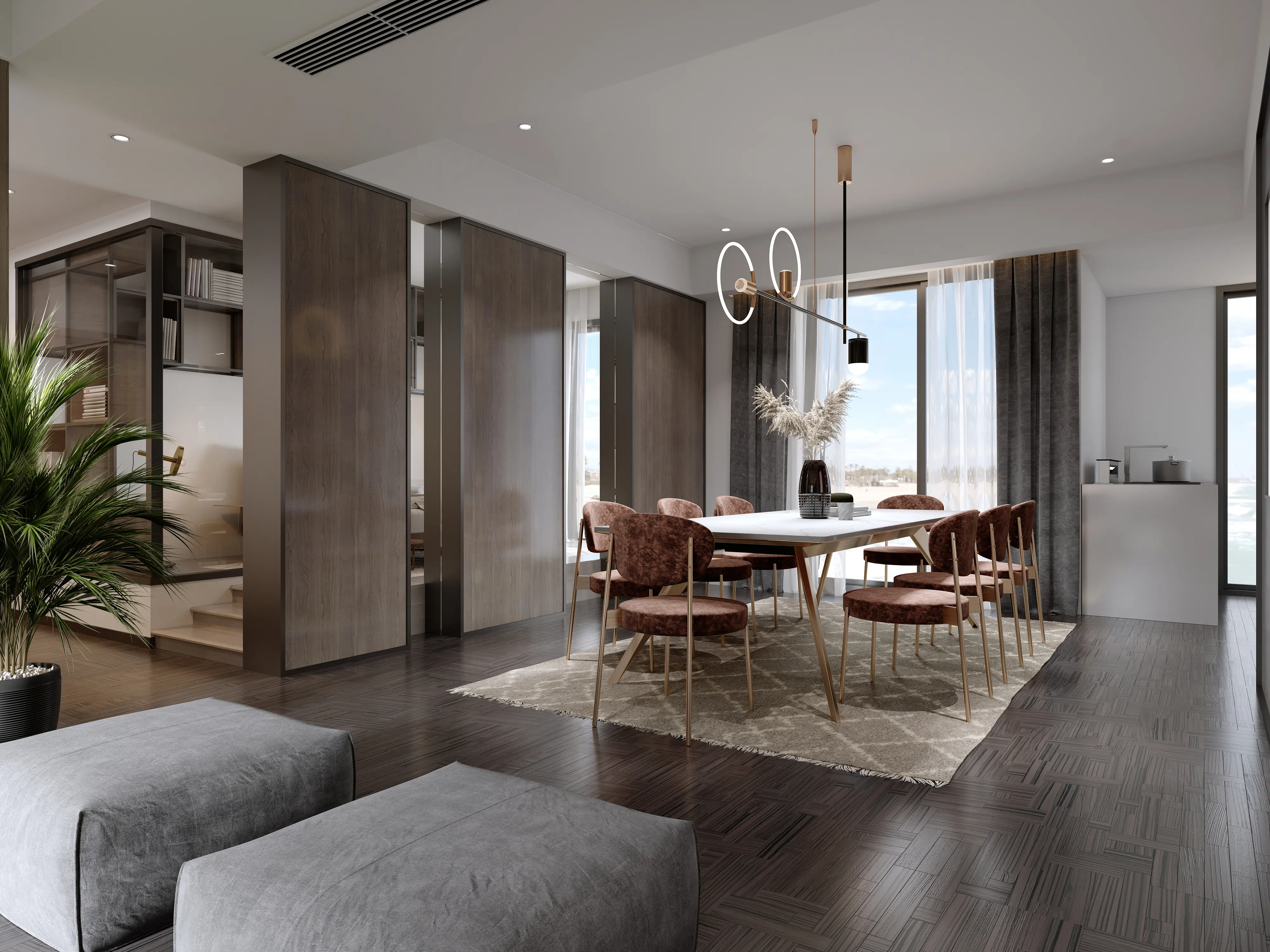 Plank: Minimalist wood-paneled living room